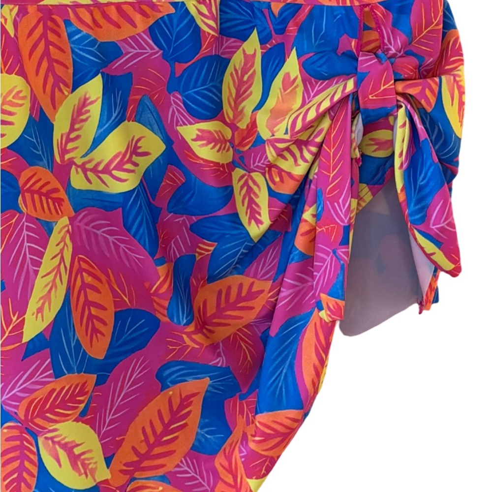 Vibrant Leaf Print Beachy Swim Dress With Side Gathered Bow Design - Picture 3 of 4